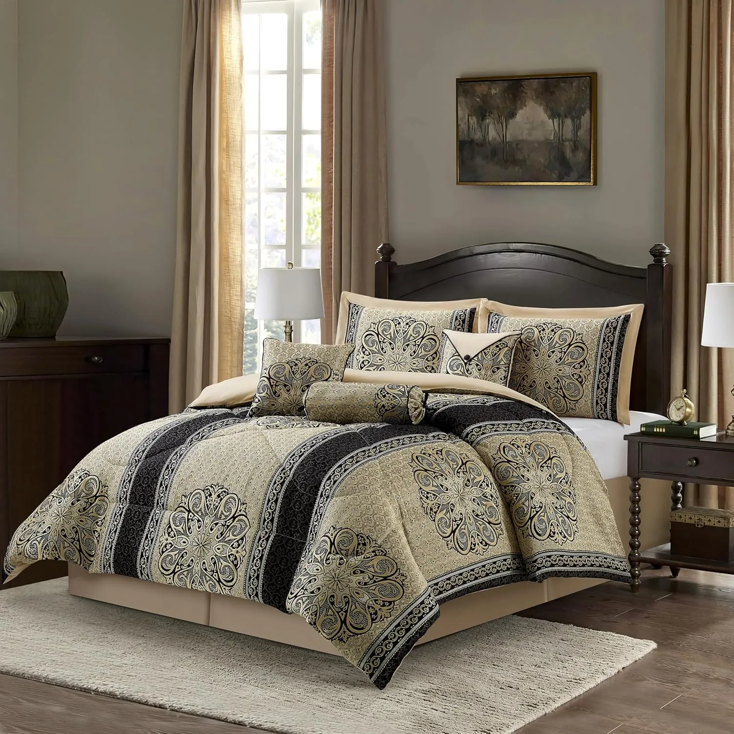 Grand Avenue Medallion 7 Piece Black Gold Comforter Set, King Size Jacquard Bedding, All Season Bedding Set, Bed Skirt, Pillows & Shams