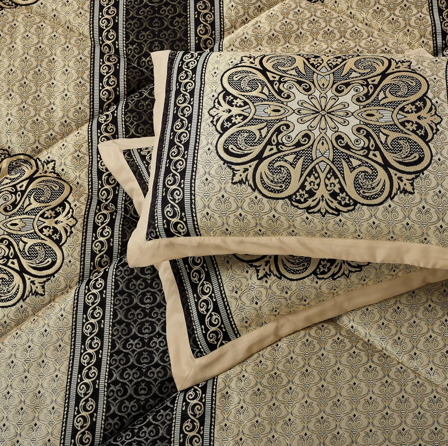 Grand Avenue Medallion 7 Piece Black Gold Comforter Set, King Size Jacquard Bedding, All Season Bedding Set, Bed Skirt, Pillows & Shams