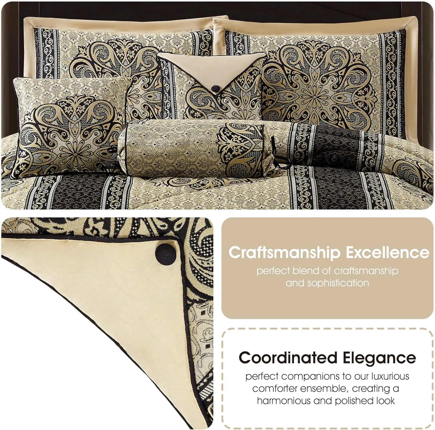 Grand Avenue Medallion 7 Piece Black Gold Comforter Set, King Size Jacquard Bedding, All Season Bedding Set, Bed Skirt, Pillows & Shams