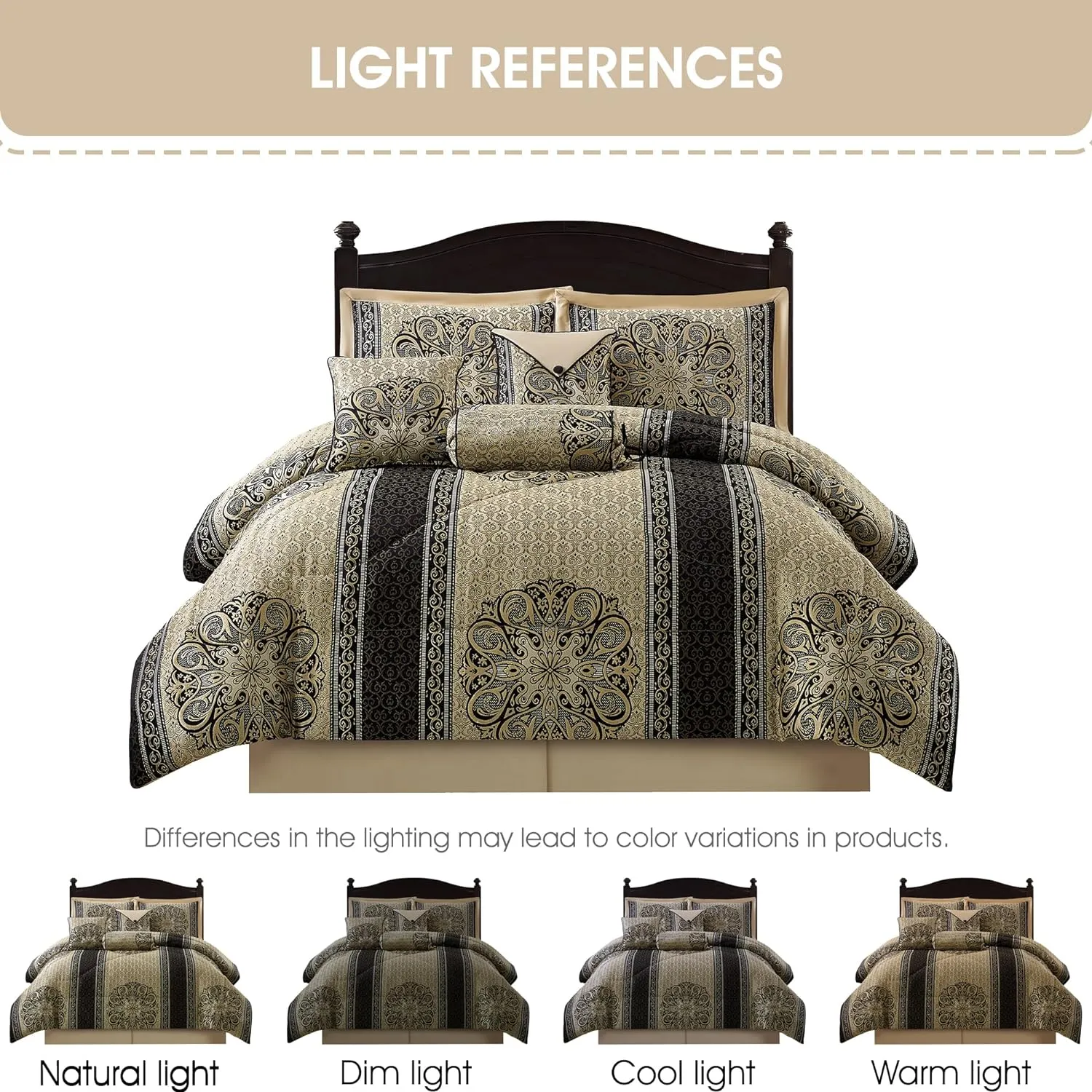 Grand Avenue Medallion 7 Piece Black Gold Comforter Set, King Size Jacquard Bedding, All Season Bedding Set, Bed Skirt, Pillows & Shams