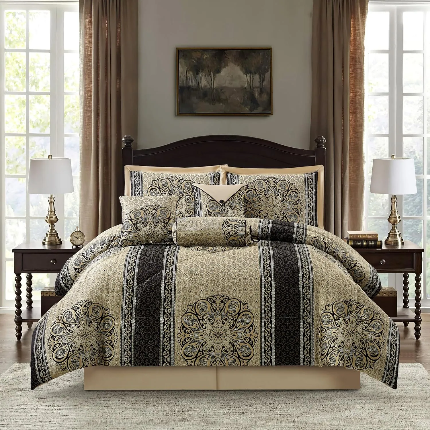 Grand Avenue Medallion 7 Piece Black Gold Comforter Set, King Size Jacquard Bedding, All Season Bedding Set, Bed Skirt, Pillows & Shams
