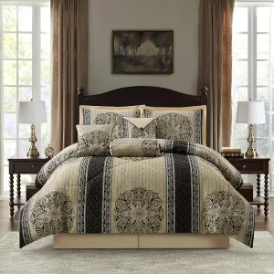Grand Avenue Medallion 7 Piece Black Gold Comforter Set, King Size Jacquard Bedding, All Season Bedding Set, Bed Skirt, Pillows & Shams