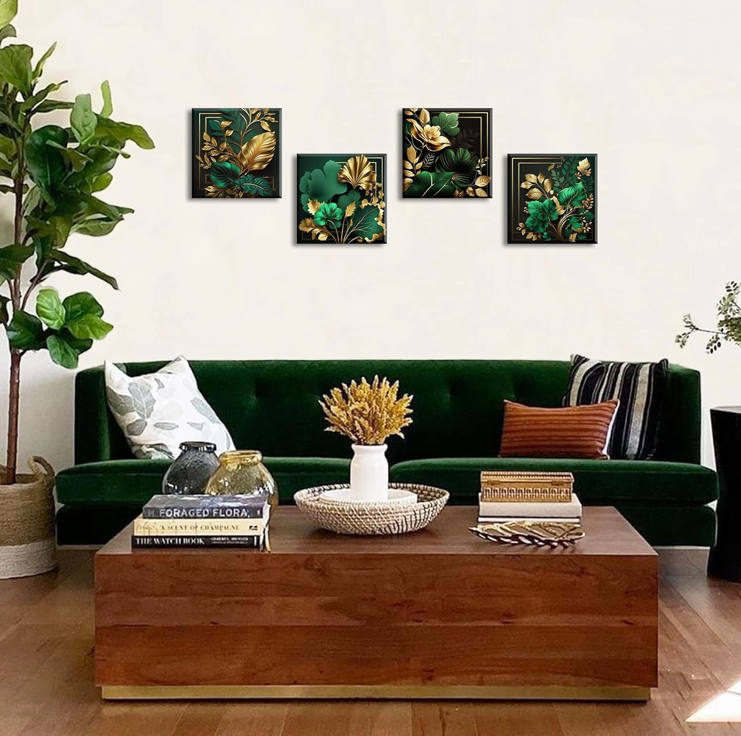 Green and Gold Wall Decor Tropical Plant Gold Leaves Pictures Canvas Prints Emerald Green Mid Century Modern Botanical floral Aesthetic Artwork for Living Room Bedroom Home Decorations 12"×12"×4
