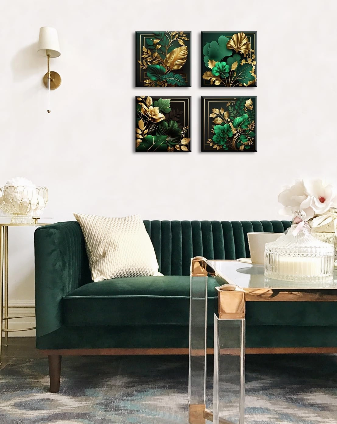 Green and Gold Wall Decor Tropical Plant Gold Leaves Pictures Canvas Prints Emerald Green Mid Century Modern Botanical floral Aesthetic Artwork for Living Room Bedroom Home Decorations 12"×12"×4