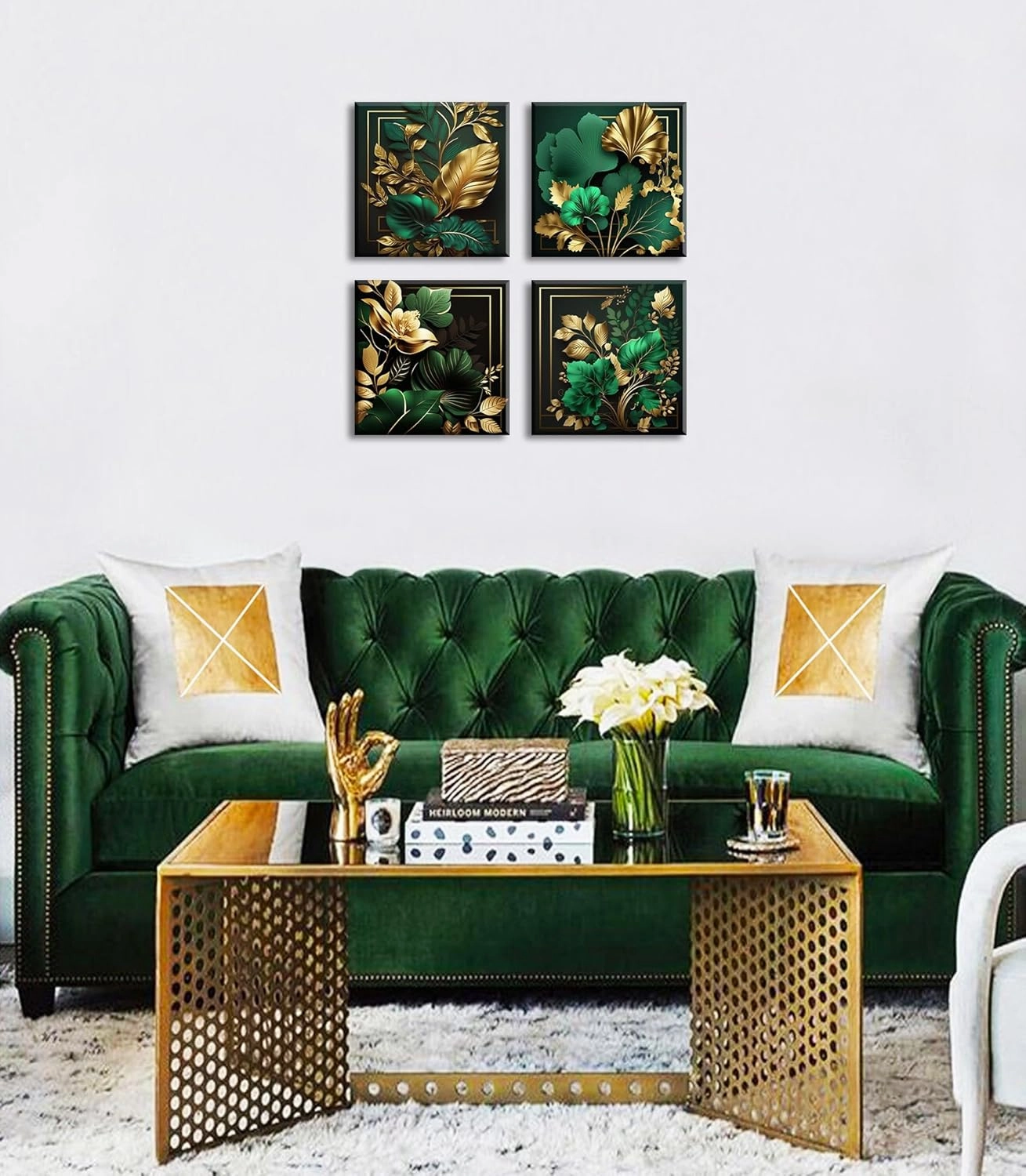 Green and Gold Wall Decor Tropical Plant Gold Leaves Pictures Canvas Prints Emerald Green Mid Century Modern Botanical floral Aesthetic Artwork for Living Room Bedroom Home Decorations 12"×12"×4