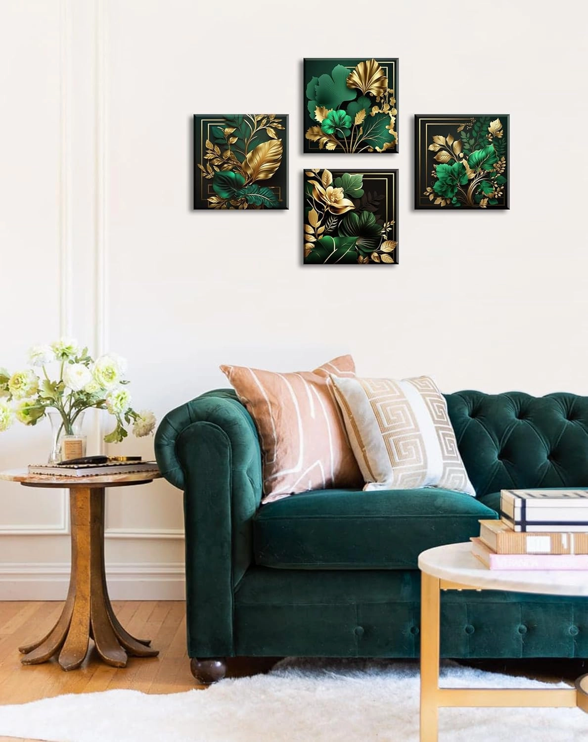 Green and Gold Wall Decor Tropical Plant Gold Leaves Pictures Canvas Prints Emerald Green Mid Century Modern Botanical floral Aesthetic Artwork for Living Room Bedroom Home Decorations 12"×12"×4