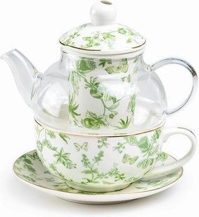 Greeny Garden Glass and Fine Porcelain Tea For One Set, Spring Tea Set For One