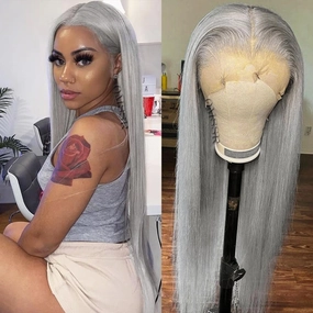 Grey Lace Front Wig Long Straight Hair Gray Wig Glueless Heat Resistant Natural Hair Synthetic Lace Front Wigs for Fashion Women