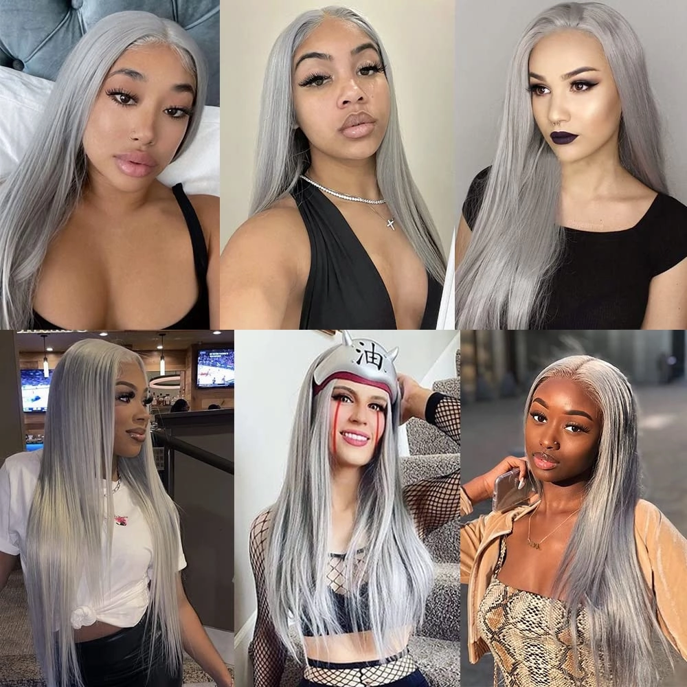 Grey Lace Front Wig Long Straight Hair Gray Wig Glueless Heat Resistant Natural Hair Synthetic Lace Front Wigs for Fashion Women