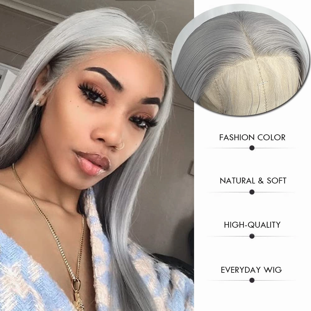 Grey Lace Front Wig Long Straight Hair Gray Wig Glueless Heat Resistant Natural Hair Synthetic Lace Front Wigs for Fashion Women