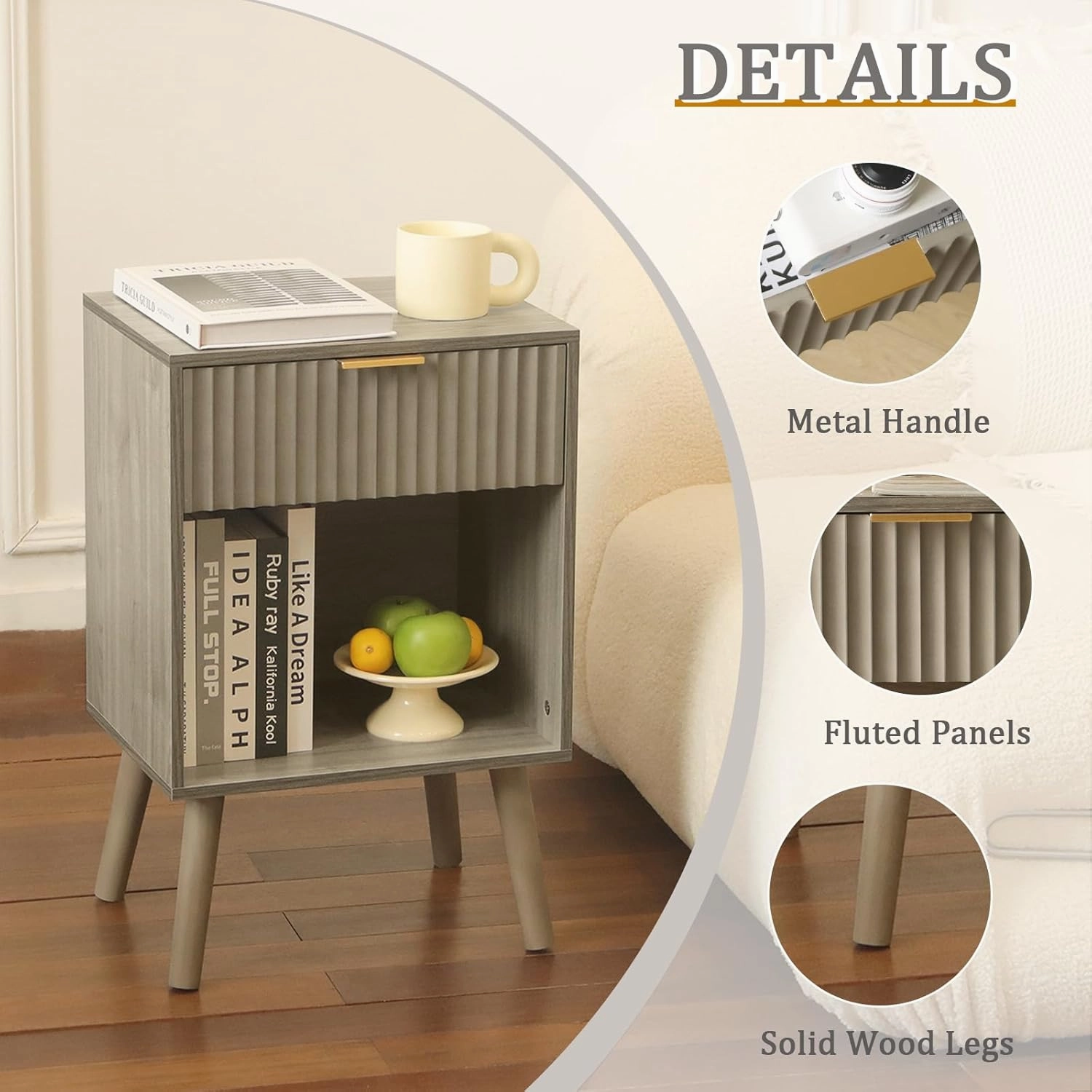 Grey Wood Nightstand with Charging Station, Modern Bedside Table with Fluted Drawers and Storage Shelf, End Side Tables Living Room for Bedroom, Office (Grey)