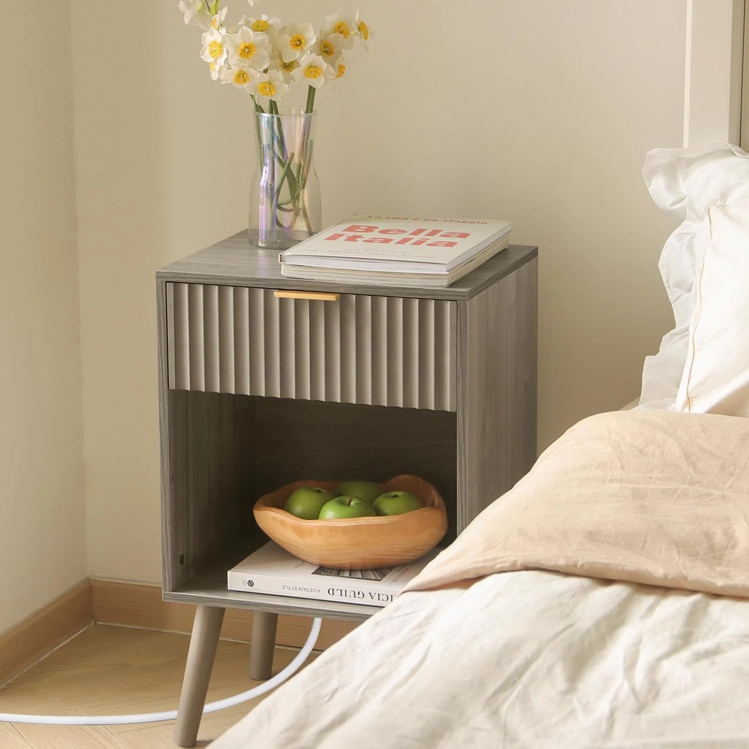 Grey Wood Nightstand with Charging Station, Modern Bedside Table with Fluted Drawers and Storage Shelf, End Side Tables Living Room for Bedroom, Office (Grey)