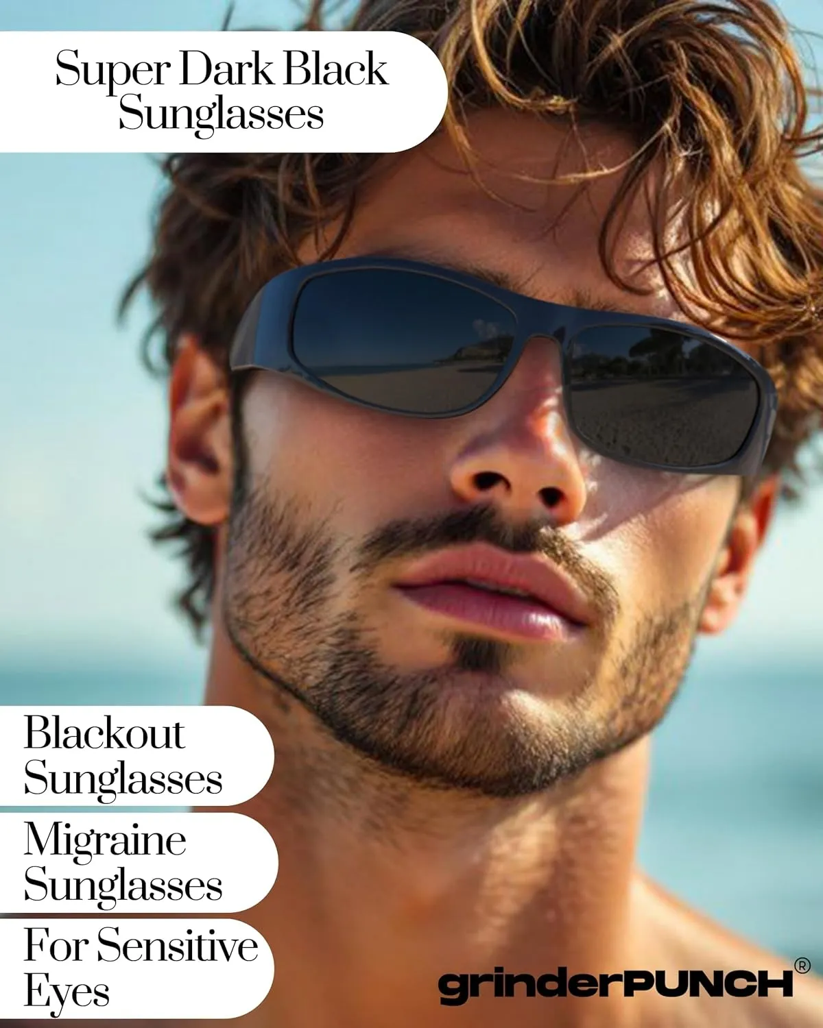 grinderPUNCH Super Dark Polarized Black Sunglasses | Biker Style Rider | Wrap Around Style Lightweight UV Protection