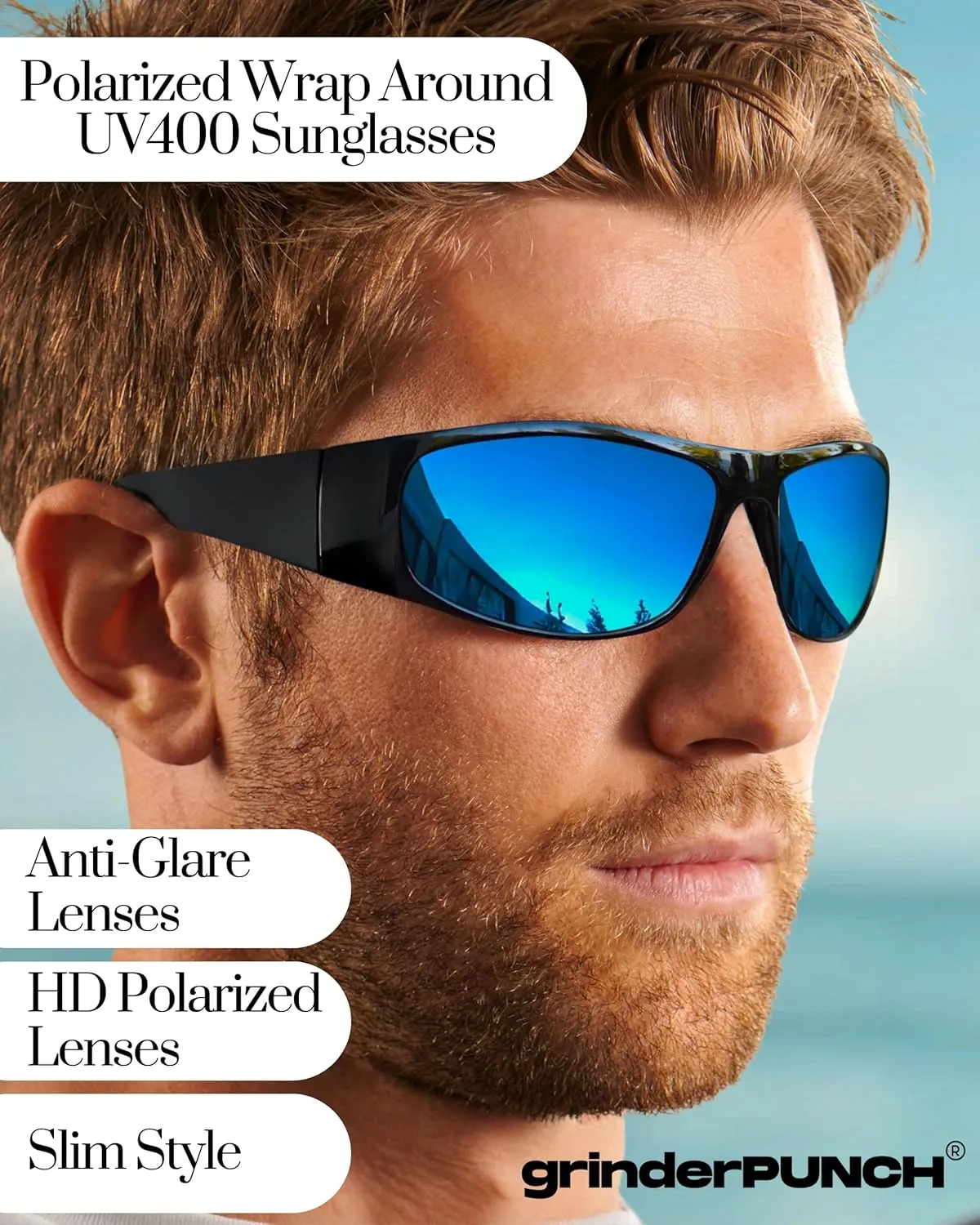 grinderPUNCH Super Dark Polarized Black Sunglasses | Biker Style Rider | Wrap Around Style Lightweight UV Protection