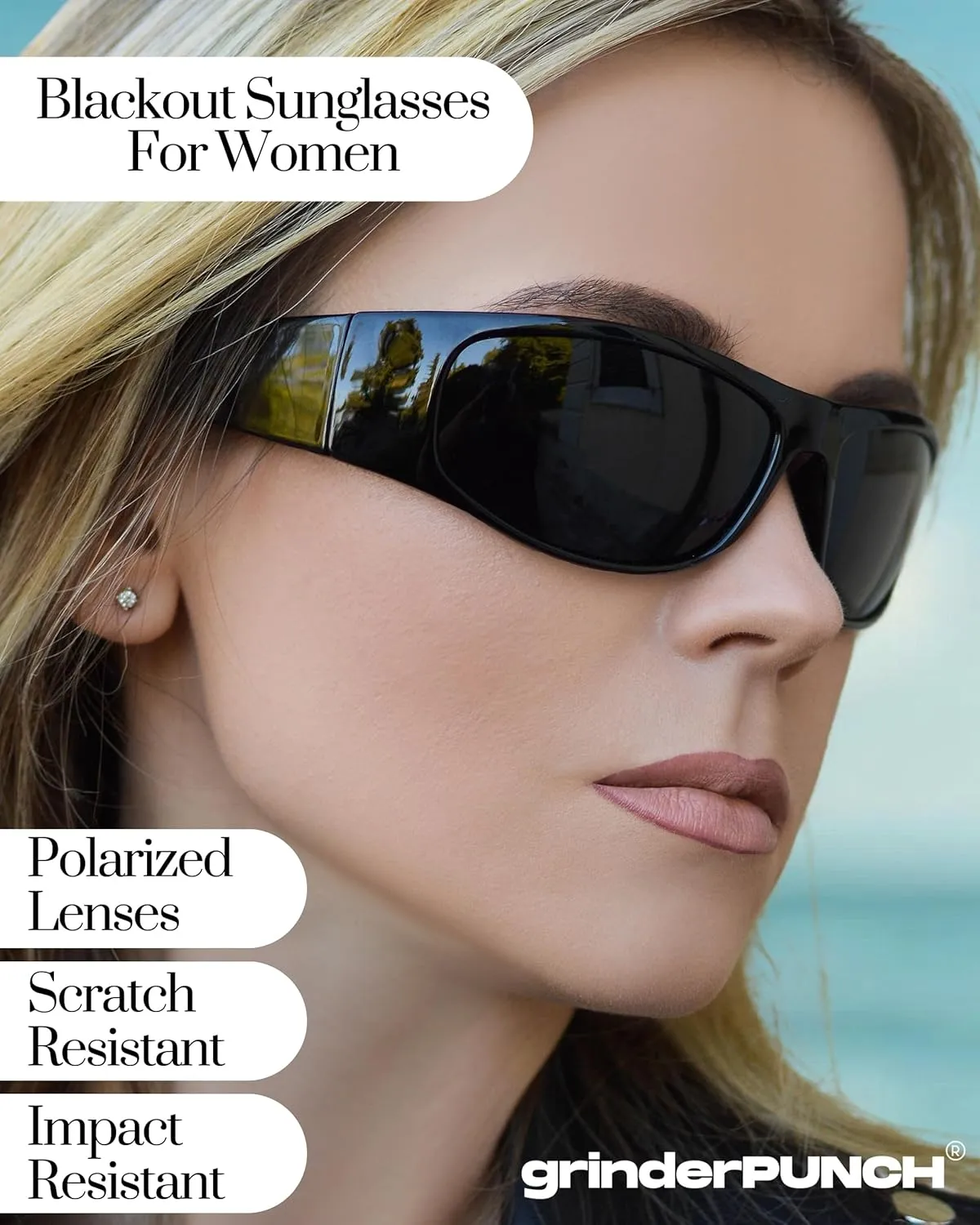 grinderPUNCH Super Dark Polarized Black Sunglasses | Biker Style Rider | Wrap Around Style Lightweight UV Protection