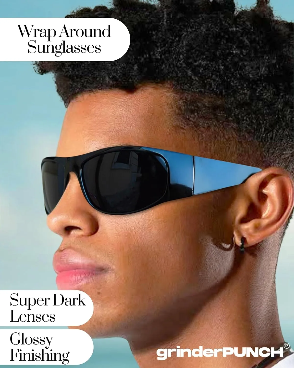 grinderPUNCH Super Dark Polarized Black Sunglasses | Biker Style Rider | Wrap Around Style Lightweight UV Protection