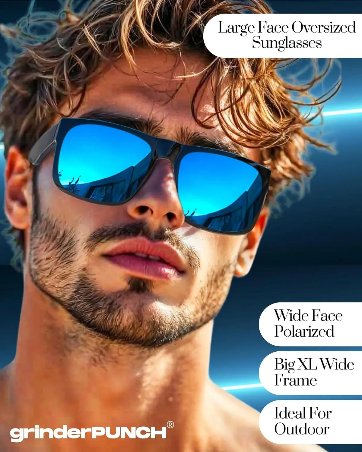 grinderPUNCH XL Large Face Polarized Sunglasses Big Heads Wide Face, Extra Wide Oversized Sunglasses for Driving Glasses