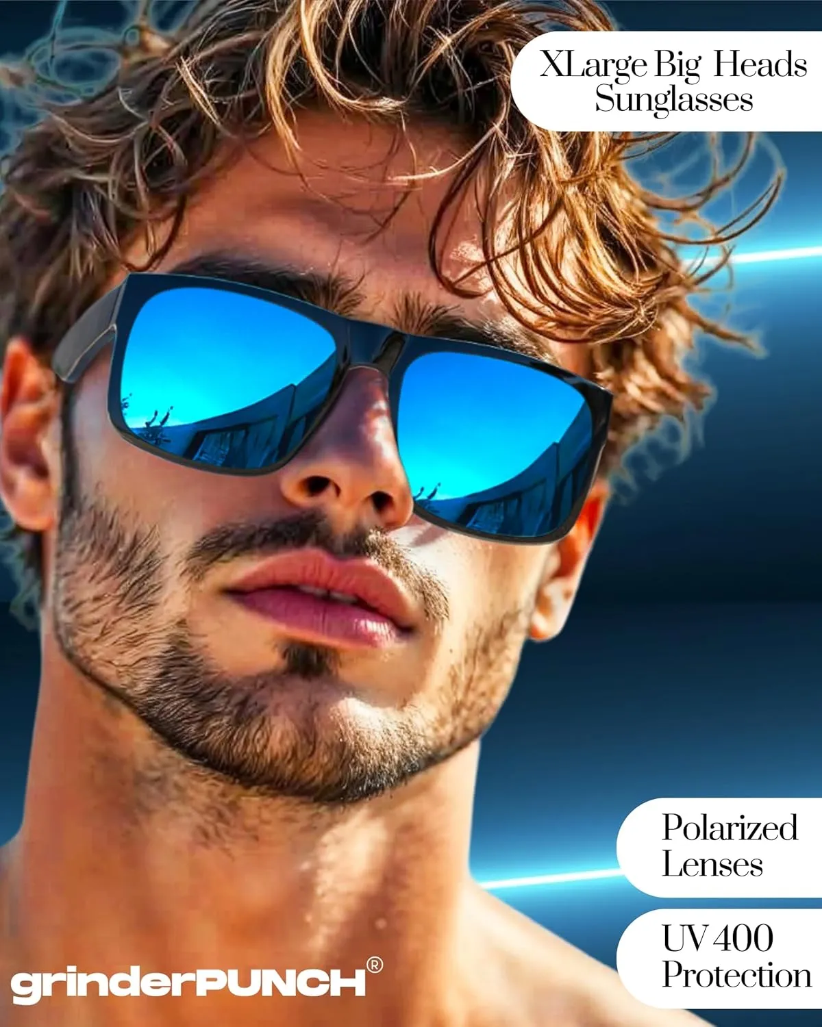 grinderPUNCH XL Large Face Polarized Sunglasses Big Heads Wide Face, Extra Wide Oversized Sunglasses for Driving Glasses