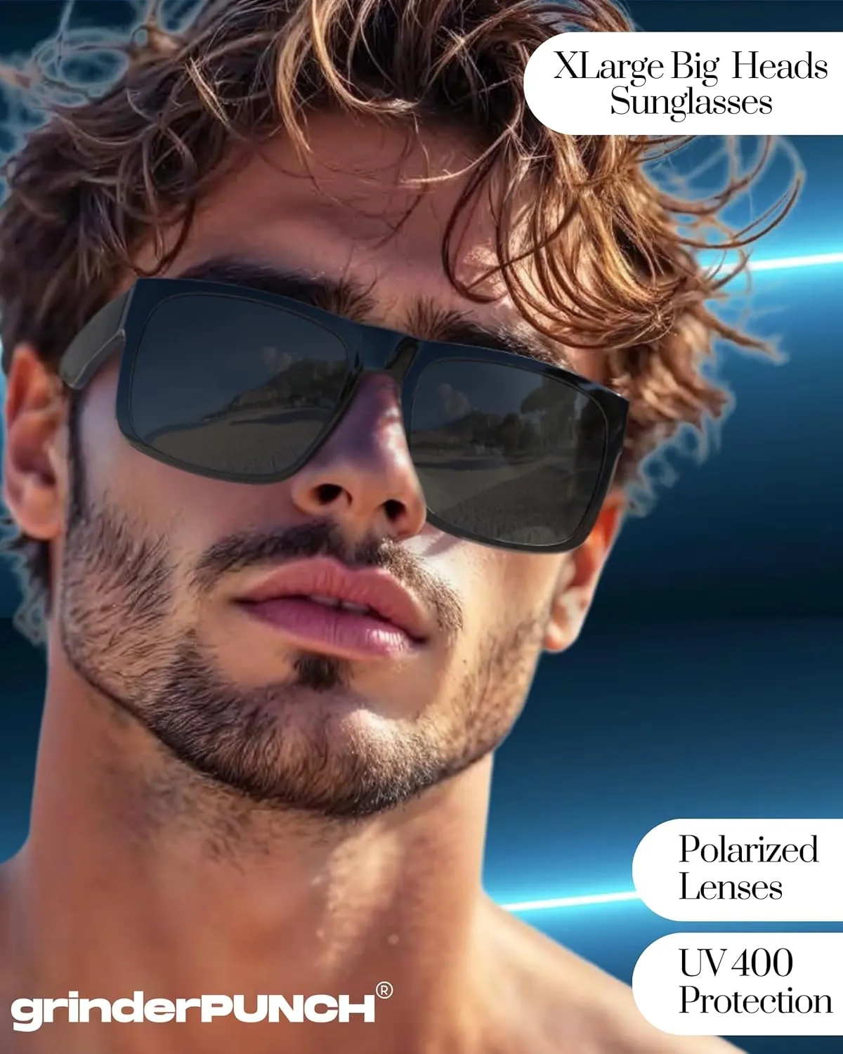 grinderPUNCH XL Large Face Polarized Sunglasses Big Heads Wide Face, Extra Wide Oversized Sunglasses for Driving Glasses