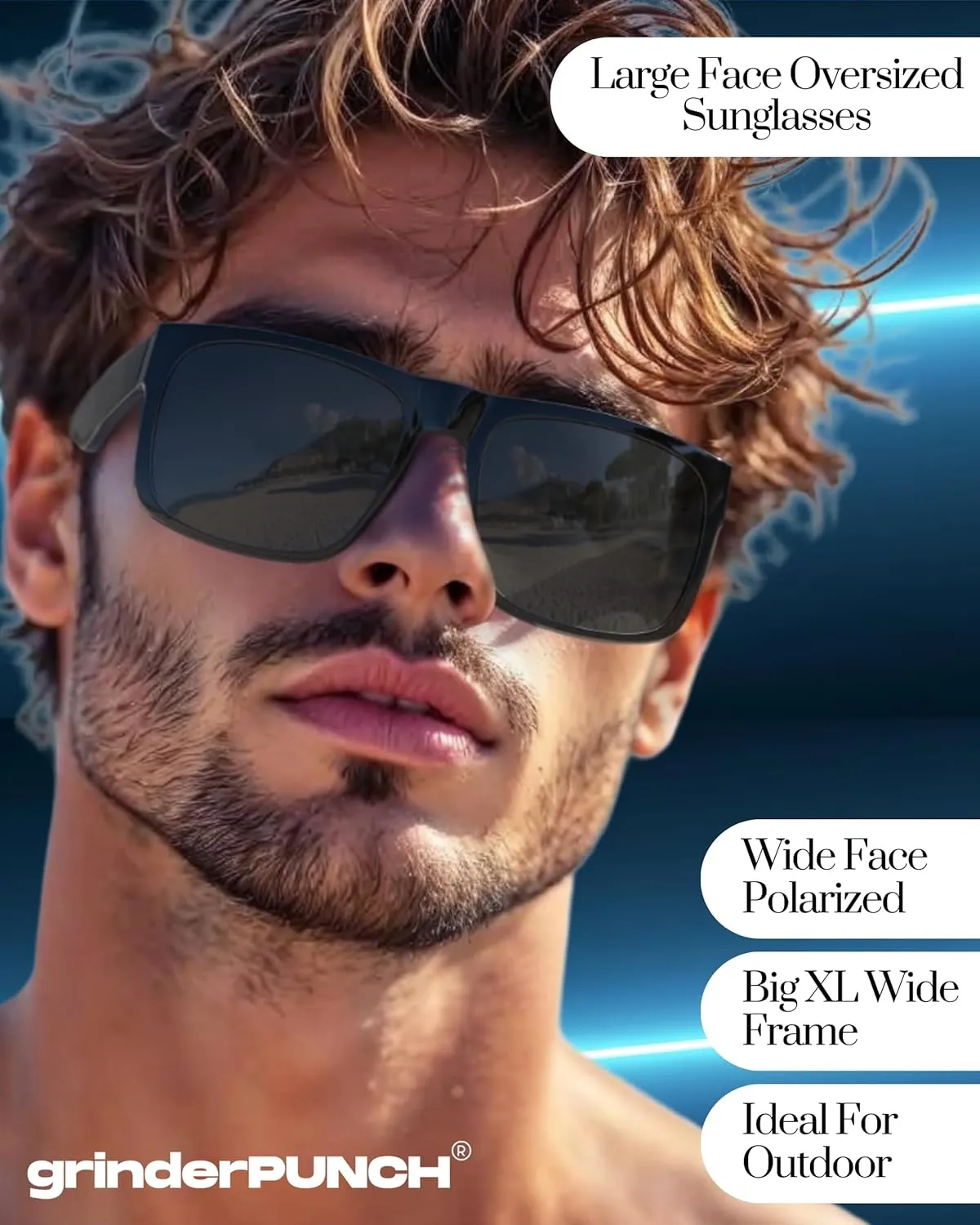 grinderPUNCH XL Large Face Polarized Sunglasses Big Heads Wide Face, Extra Wide Oversized Sunglasses for Driving Glasses