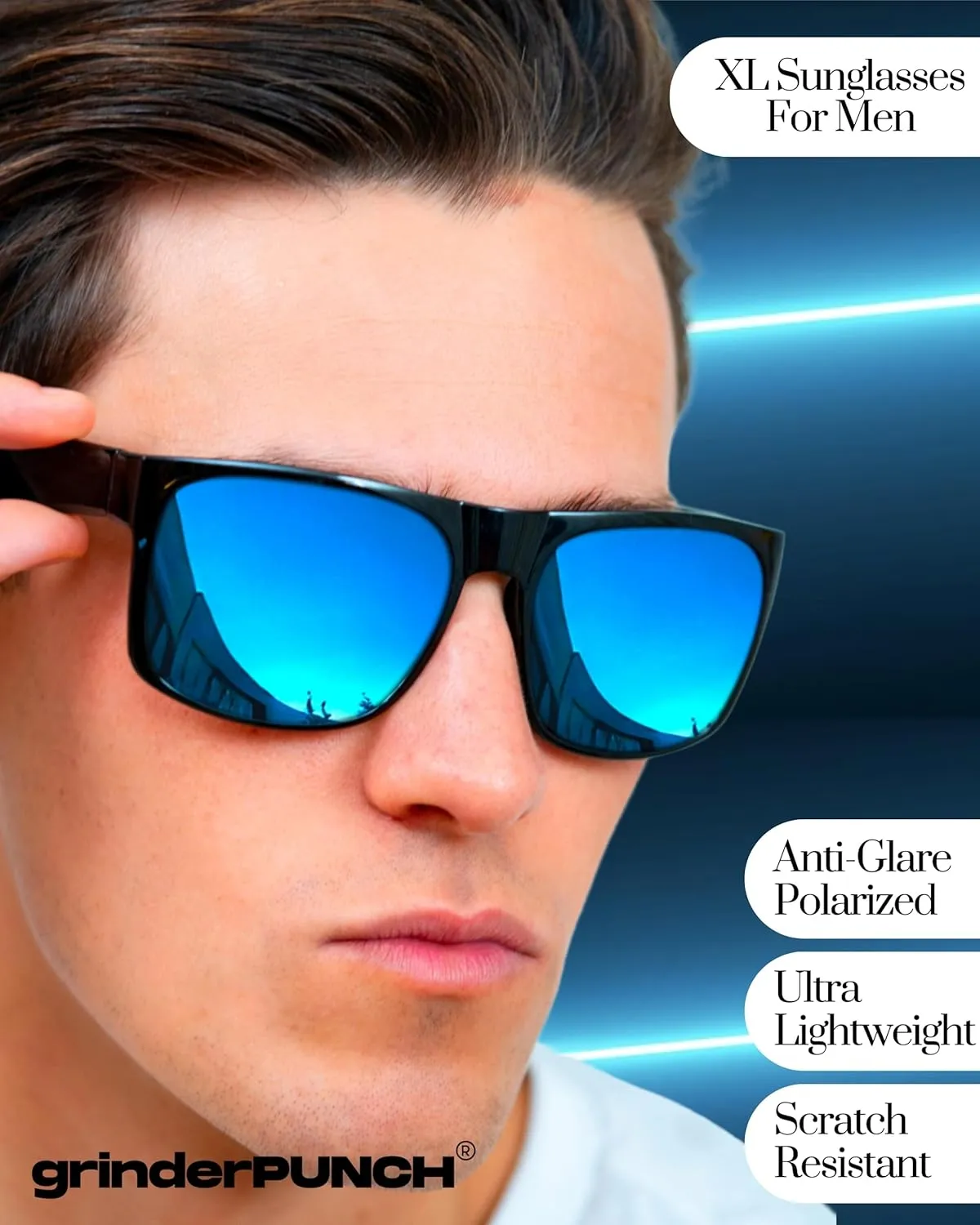 grinderPUNCH XL Large Face Polarized Sunglasses Big Heads Wide Face, Extra Wide Oversized Sunglasses for Driving Glasses