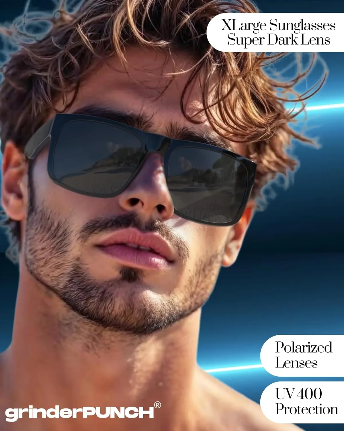grinderPUNCH XL Large Face Polarized Sunglasses Big Heads Wide Face, Extra Wide Oversized Sunglasses for Driving Glasses