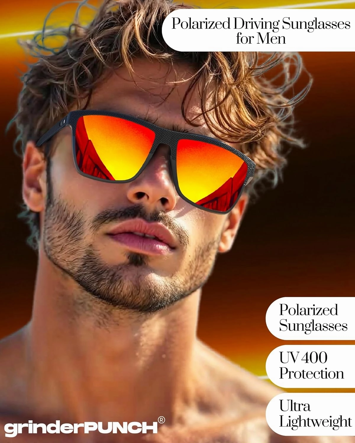 grinderPUNCH Polarized Driving Sunglasses for Men Lightweight UV400 Protection Anti Glare Square Sun Glasses