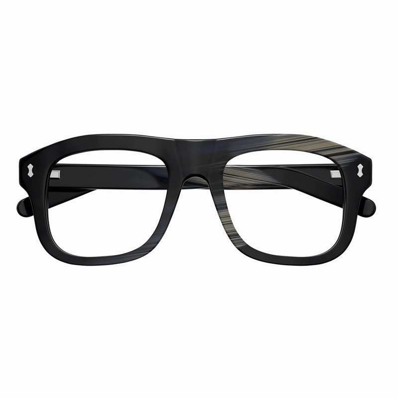 Gucci Square Full Rim, with a Shiny Black Beige And Blue Maxi Horn frame and Clear/Blue Magnetic Clip-On lens.