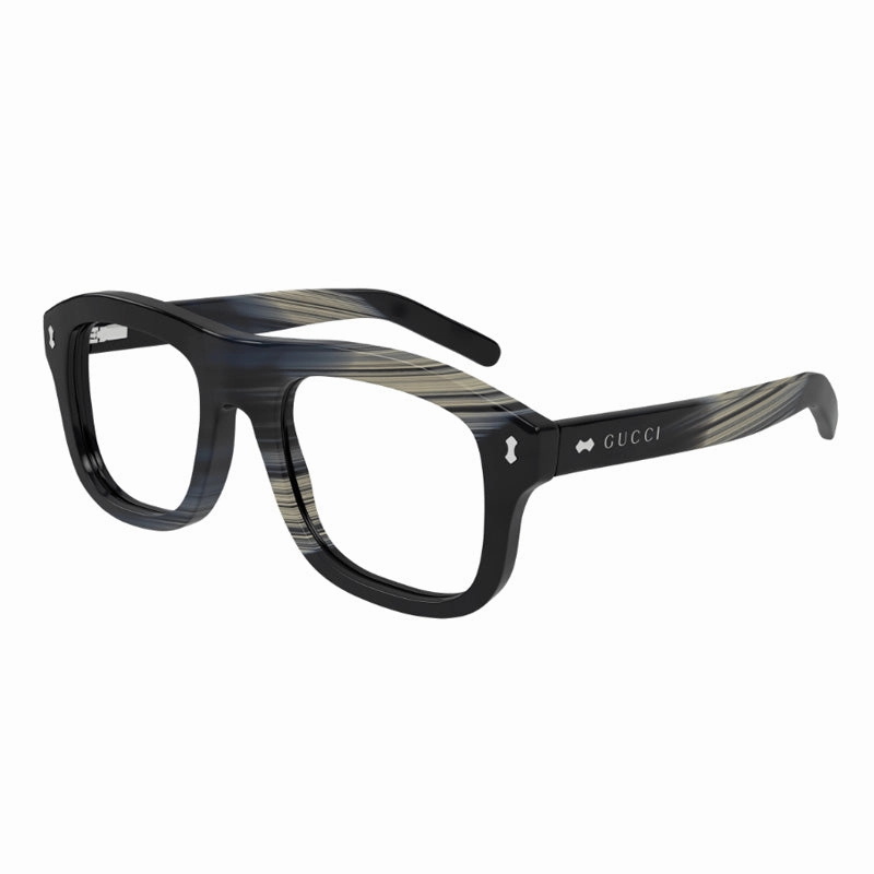 Gucci Square Full Rim, with a Shiny Black Beige And Blue Maxi Horn frame and Clear/Blue Magnetic Clip-On lens.