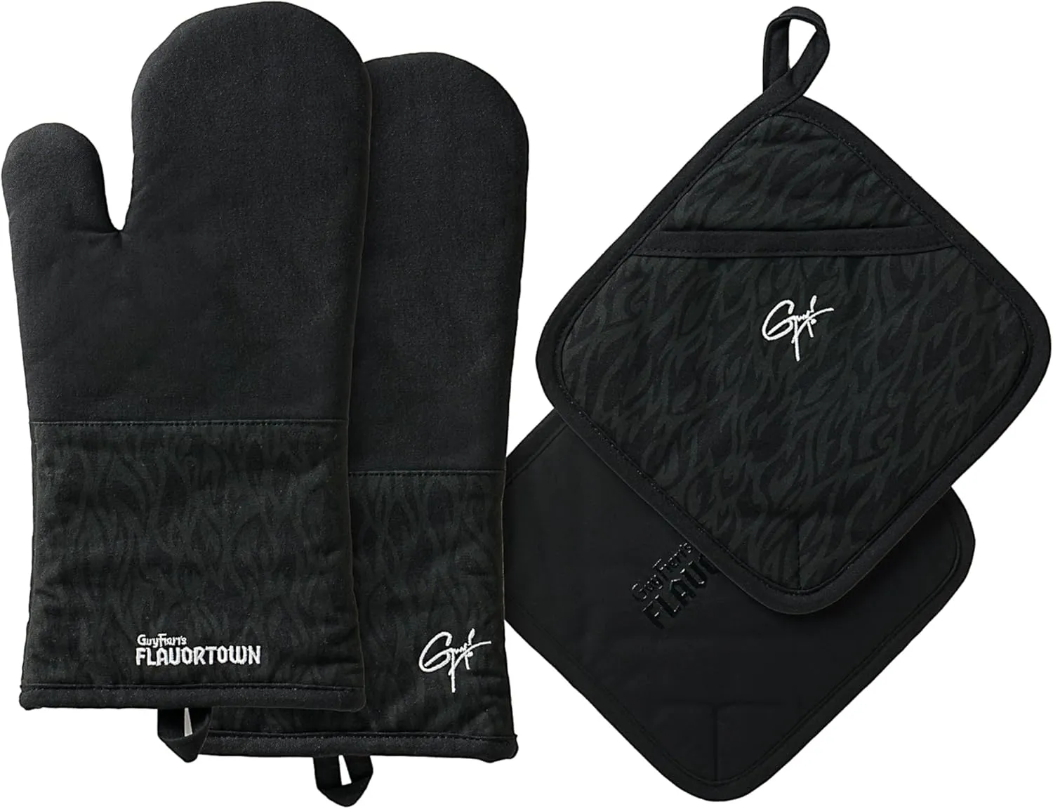 Guy Fieri's Flavortown Kitchen Essentials Bundles, Black Flame 4-Piece Set, 2 Oven Mitts & 2 Pot Holders, High Heat Resistant up to 450°F, Durable Cotton, Ideal for Cooking, Grilling & Hot Cookware