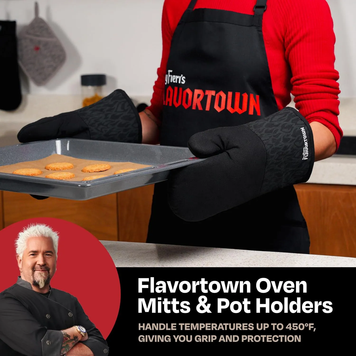 Guy Fieri's Flavortown Kitchen Essentials Bundles, Black Flame 4-Piece Set, 2 Oven Mitts & 2 Pot Holders, High Heat Resistant up to 450°F, Durable Cotton, Ideal for Cooking, Grilling & Hot Cookware