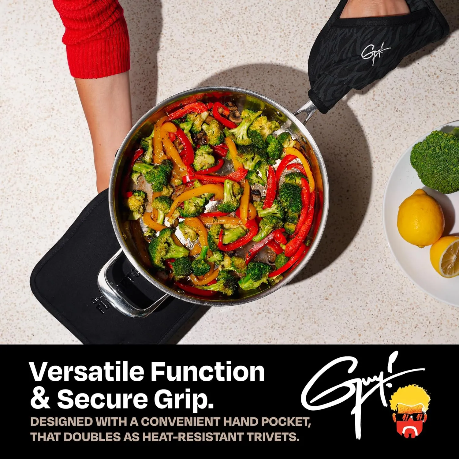 Guy Fieri's Flavortown Kitchen Essentials Bundles, Black Flame 4-Piece Set, 2 Oven Mitts & 2 Pot Holders, High Heat Resistant up to 450°F, Durable Cotton, Ideal for Cooking, Grilling & Hot Cookware