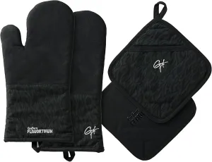 Guy Fieri's Flavortown Kitchen Essentials Bundles, Black Flame 4-Piece Set, 2 Oven Mitts & 2 Pot Holders, High Heat Resistant up to 450°F, Durable Cotton, Ideal for Cooking, Grilling & Hot Cookware