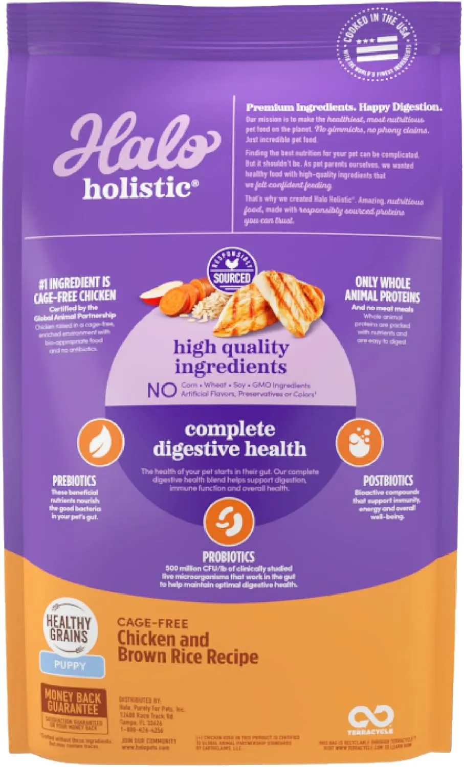 Halo Holistic Puppy Food, Cage Free Chicken & Brown Rice Recipe, Healthy Grains Dry Dog Food, Complete Digestive Health, 10 lb Bag