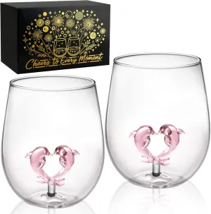 Hand-Blown 3D Dolphin Pink Heart Stemless Wine Glasses Set of 2, 14oz Unique Gifts for Women - Valentines Day, Wedding, Cute Gifts for Girlfriend, Wife, Husband & Ocean Lovers