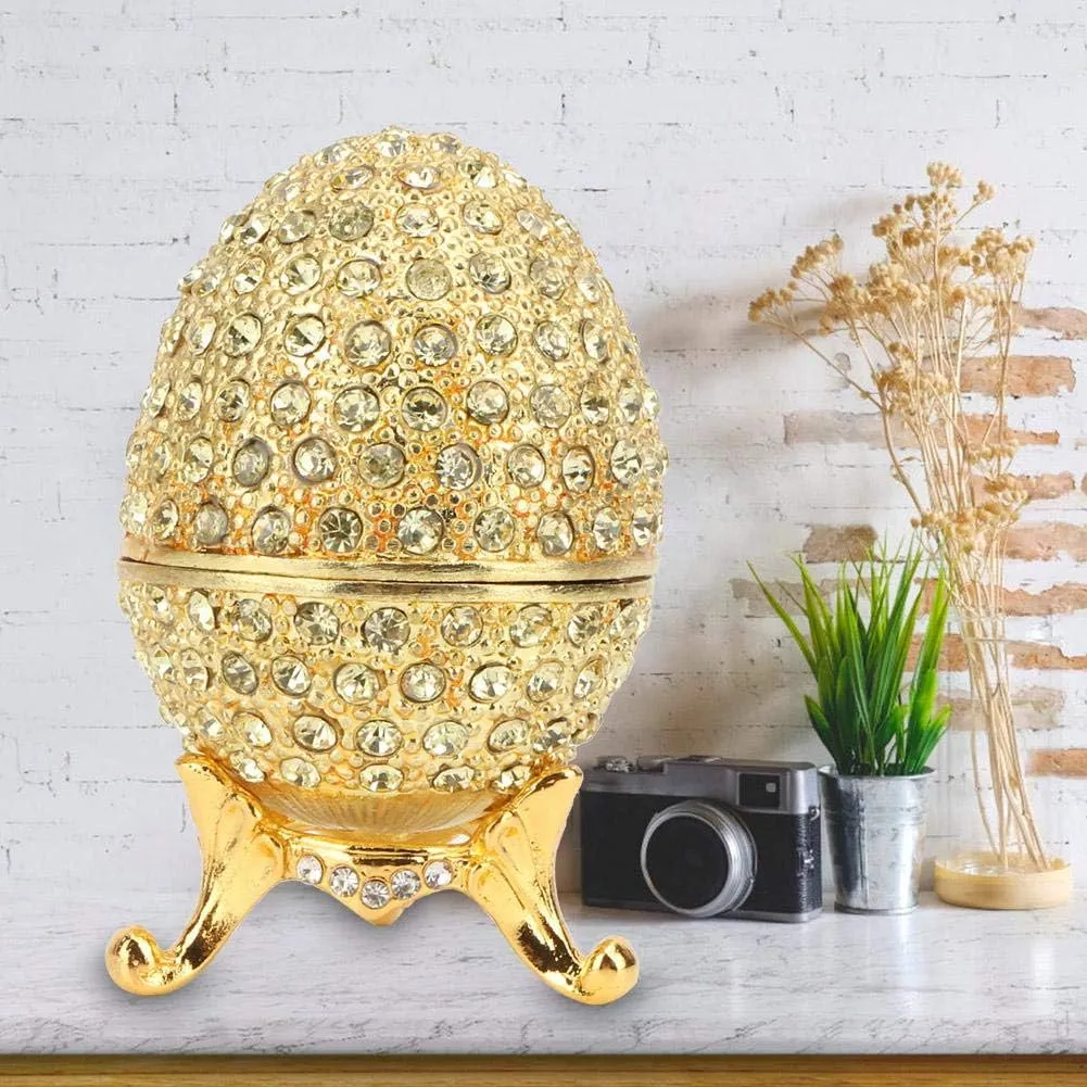 Hand-Painted Mini Faberge Egg with Rich Enamel and Sparkling Rhinestones Jewelry Trinket Box (Gold)