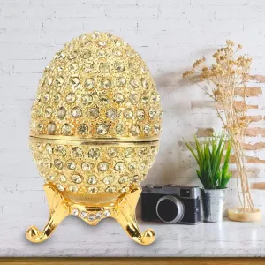 Hand-Painted Mini Faberge Egg with Rich Enamel and Sparkling Rhinestones Jewelry Trinket Box (Gold)