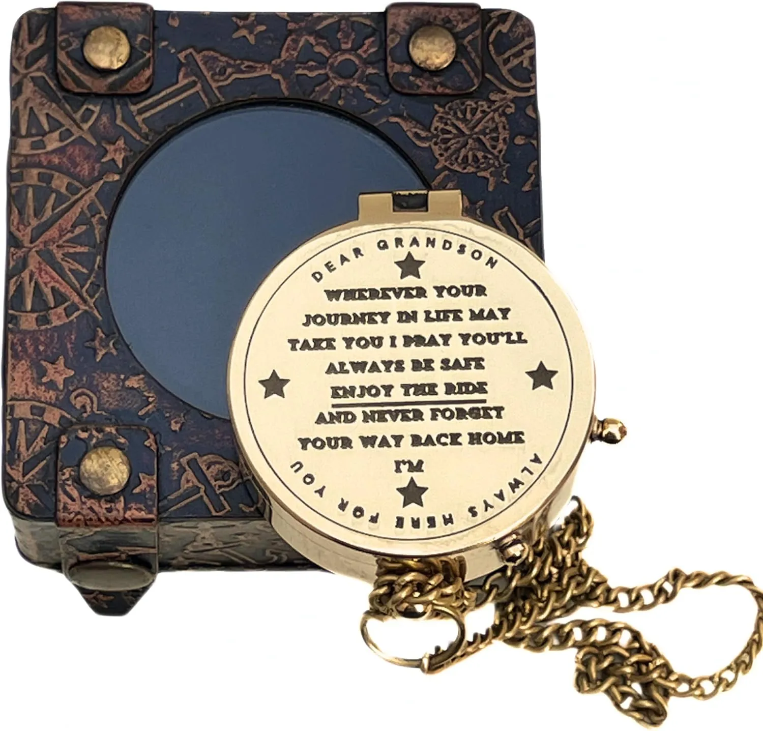 Handmade Shiny Brass Pocket Compass Engraved with Dear Grandson Motivational Quotes Magnetic Navigation Tool for Travel and Table Decor Gift