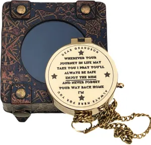Handmade Shiny Brass Pocket Compass Engraved with Dear Grandson Motivational Quotes Magnetic Navigation Tool for Travel and Table Decor Gift