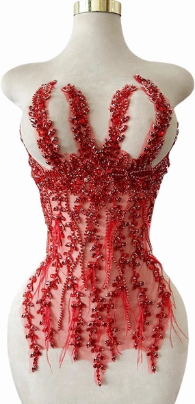 Handmade Sewing Rhinestones lace Crystal DIY Applique Patches Ostrich Feather Beaded for Wedding Party Clothes Decoration Bridal Dress Accessories 13X25inches (Red)