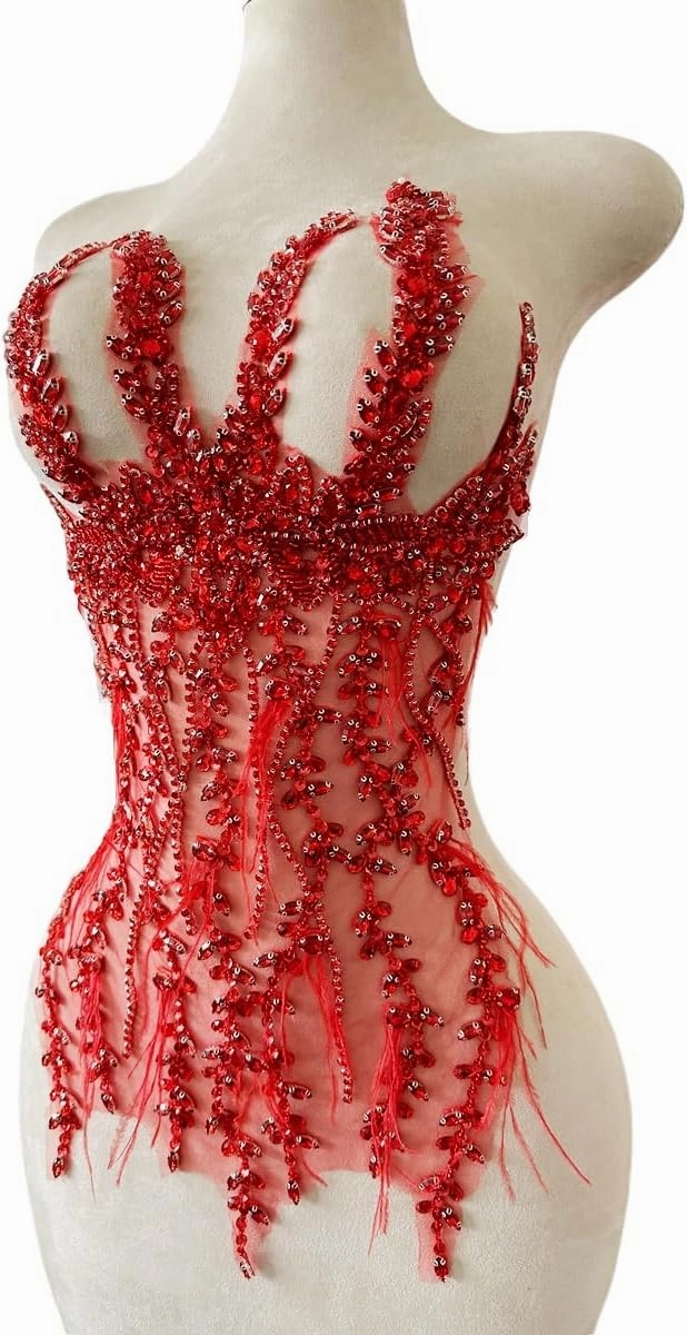 Handmade Sewing Rhinestones lace Crystal DIY Applique Patches Ostrich Feather Beaded for Wedding Party Clothes Decoration Bridal Dress Accessories 13X25inches (Red)