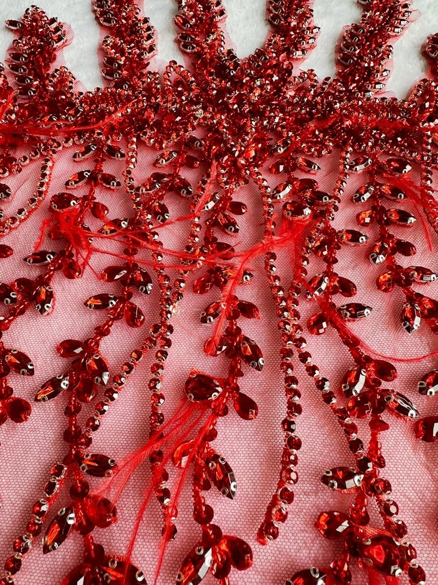 Handmade Sewing Rhinestones lace Crystal DIY Applique Patches Ostrich Feather Beaded for Wedding Party Clothes Decoration Bridal Dress Accessories 13X25inches (Red)