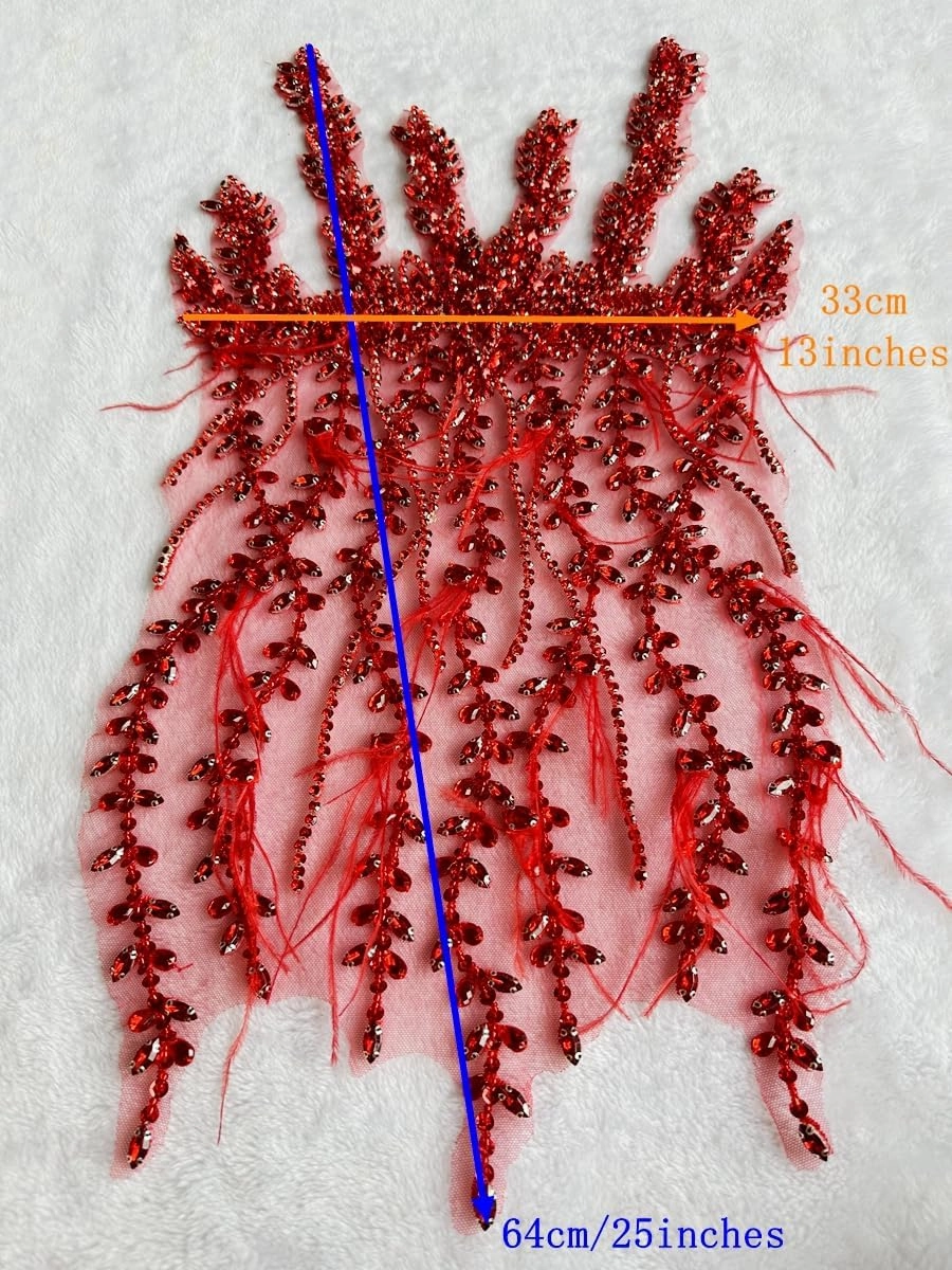Handmade Sewing Rhinestones lace Crystal DIY Applique Patches Ostrich Feather Beaded for Wedding Party Clothes Decoration Bridal Dress Accessories 13X25inches (Red)