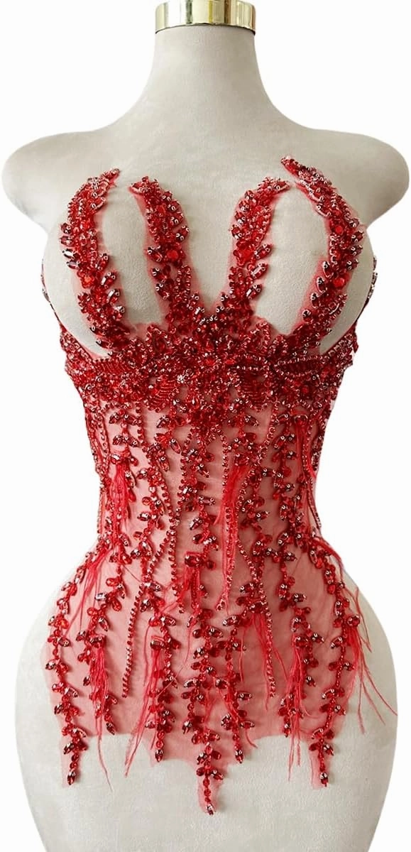 Handmade Sewing Rhinestones lace Crystal DIY Applique Patches Ostrich Feather Beaded for Wedding Party Clothes Decoration Bridal Dress Accessories 13X25inches (Red)