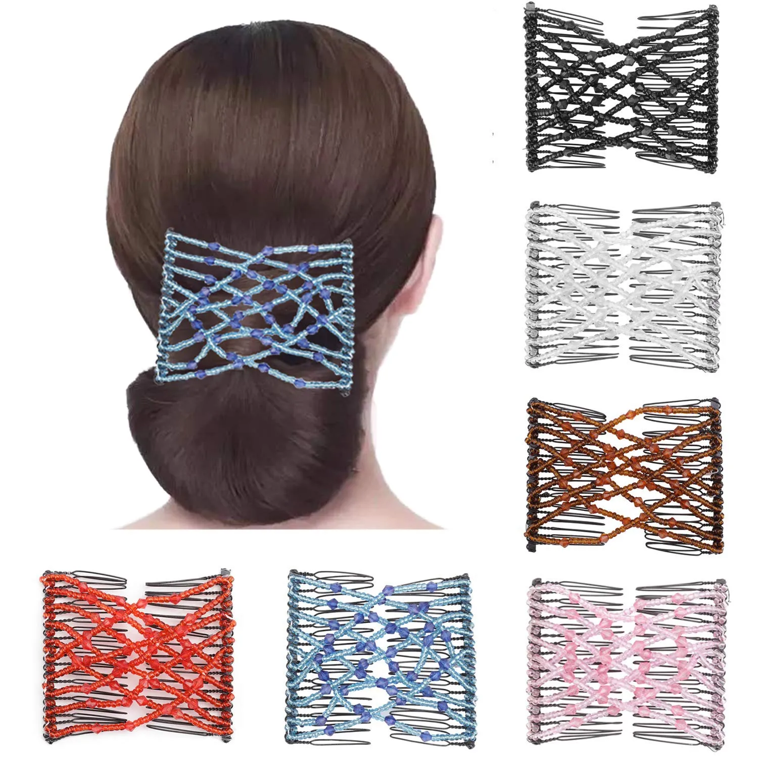 Hanhan 6 Pieces Magic Combs, Stretch Flower Beaded Hair Combs Elastic Bowknot Hair Clips Stretchy Hair Hairpins for Women Girls DIY Thick & Thin Hair Styling Accessories Random Color