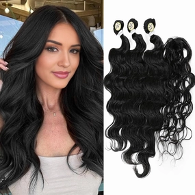 HANNE Synthetic Hair Bundles with Closure Body Wave Hair Extensions 18"20"22" with Lace Closure Heat Resistant Colorful Synthetic Bundles