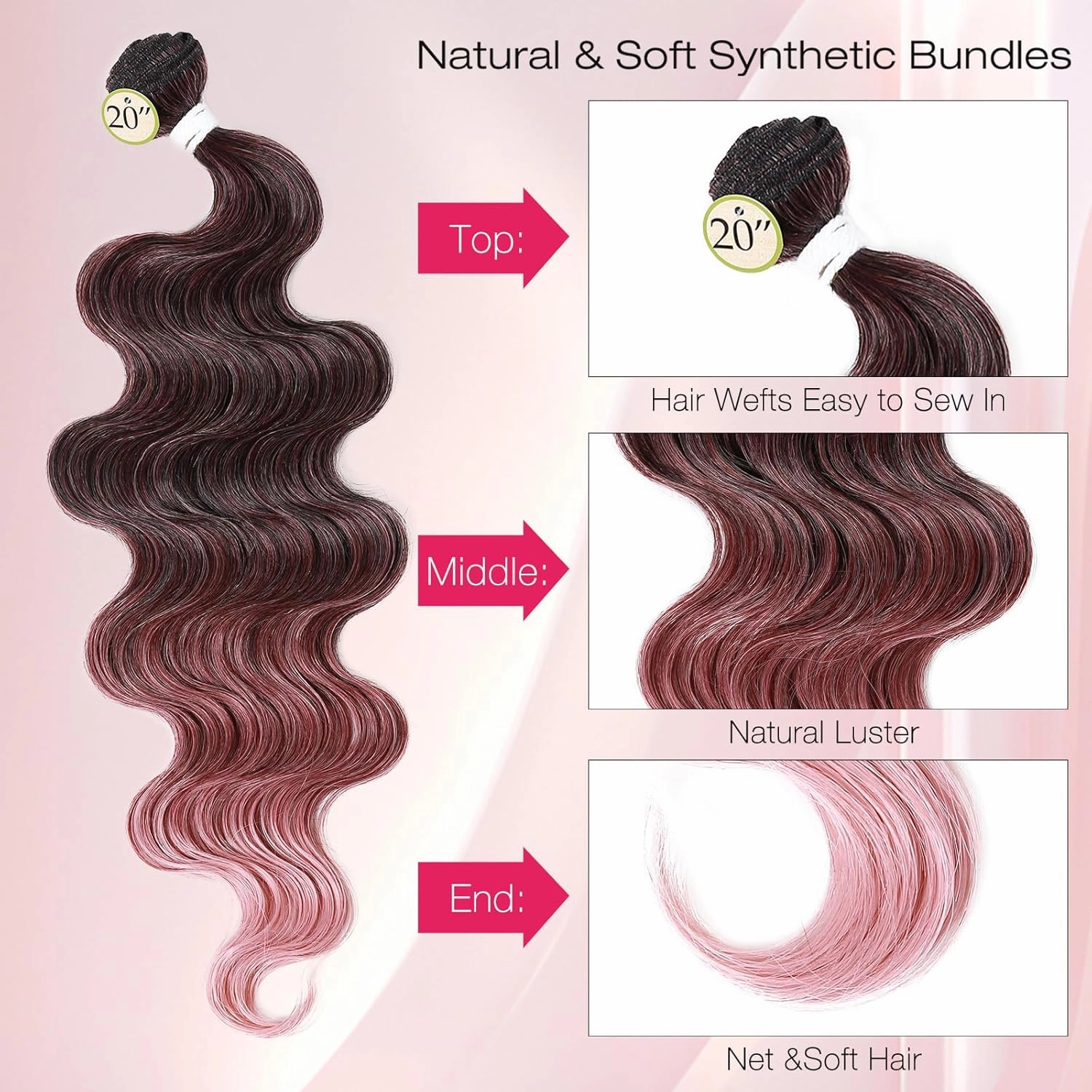 HANNE Synthetic Hair Bundles with Closure Body Wave Hair Extensions 18"20"22" with Lace Closure Heat Resistant Colorful Synthetic Bundles