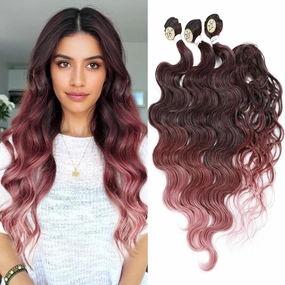HANNE Synthetic Hair Bundles with Closure Body Wave Hair Extensions 18"20"22" with Lace Closure Heat Resistant Colorful Synthetic Bundles