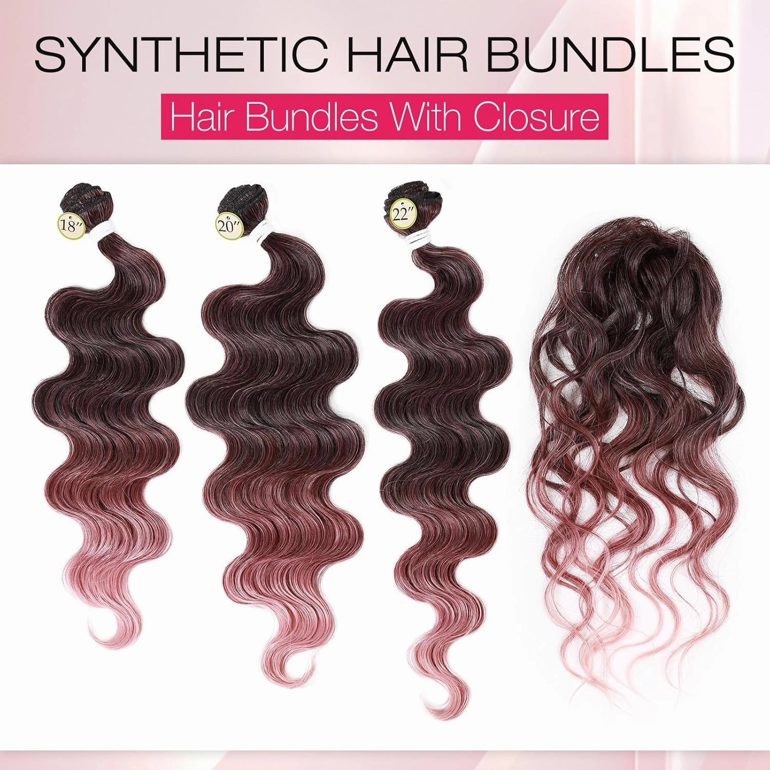 HANNE Synthetic Hair Bundles with Closure Body Wave Hair Extensions 18"20"22" with Lace Closure Heat Resistant Colorful Synthetic Bundles