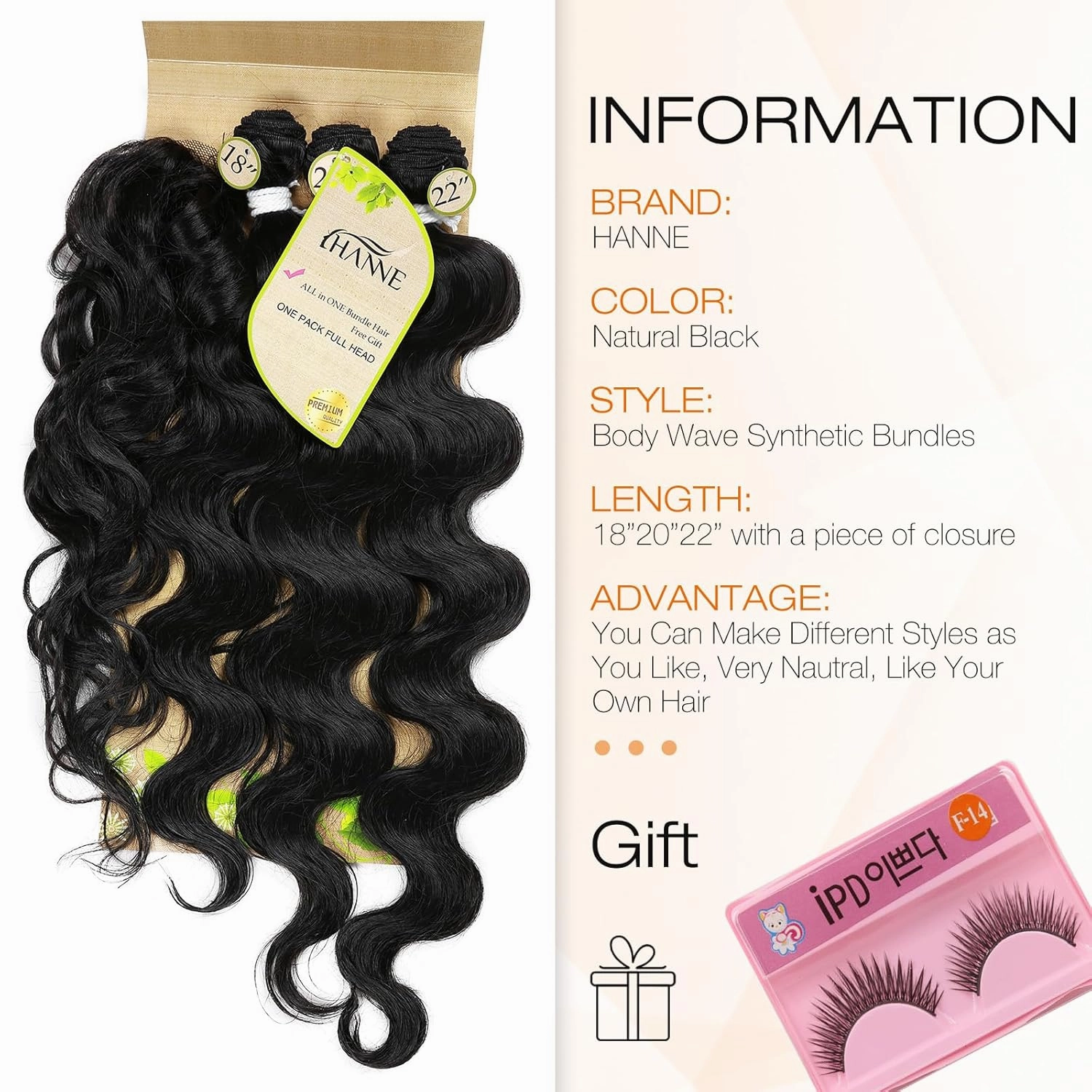 HANNE Synthetic Hair Bundles with Closure Body Wave Hair Extensions 18"20"22" with Lace Closure Heat Resistant Colorful Synthetic Bundles